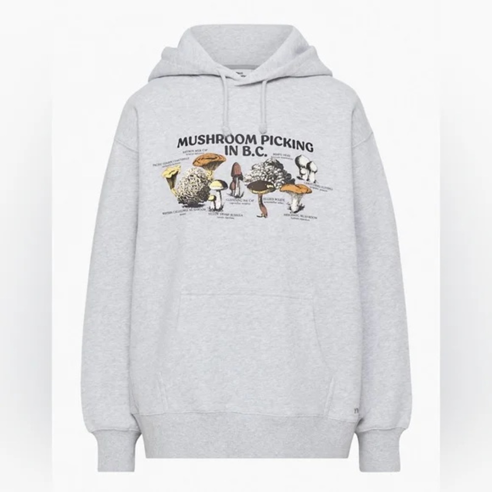 TNA Cozy Fleece Mushroom Picking in BC Graphic Boyfriend Hoodie Gray XS